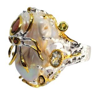 Baroque Pearl  Peridot Sapphire Octopus Ring 9